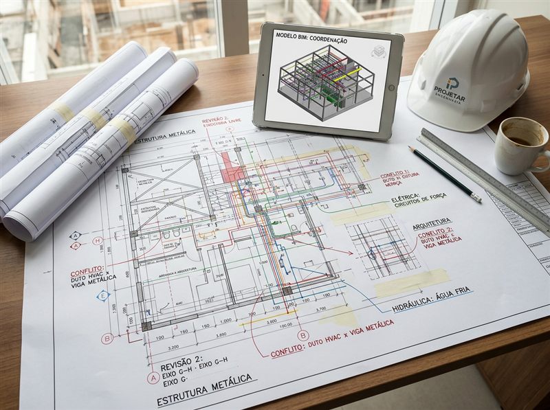 Planta baixa e modelo 3D de compatibilização de projetos sobre uma mesa