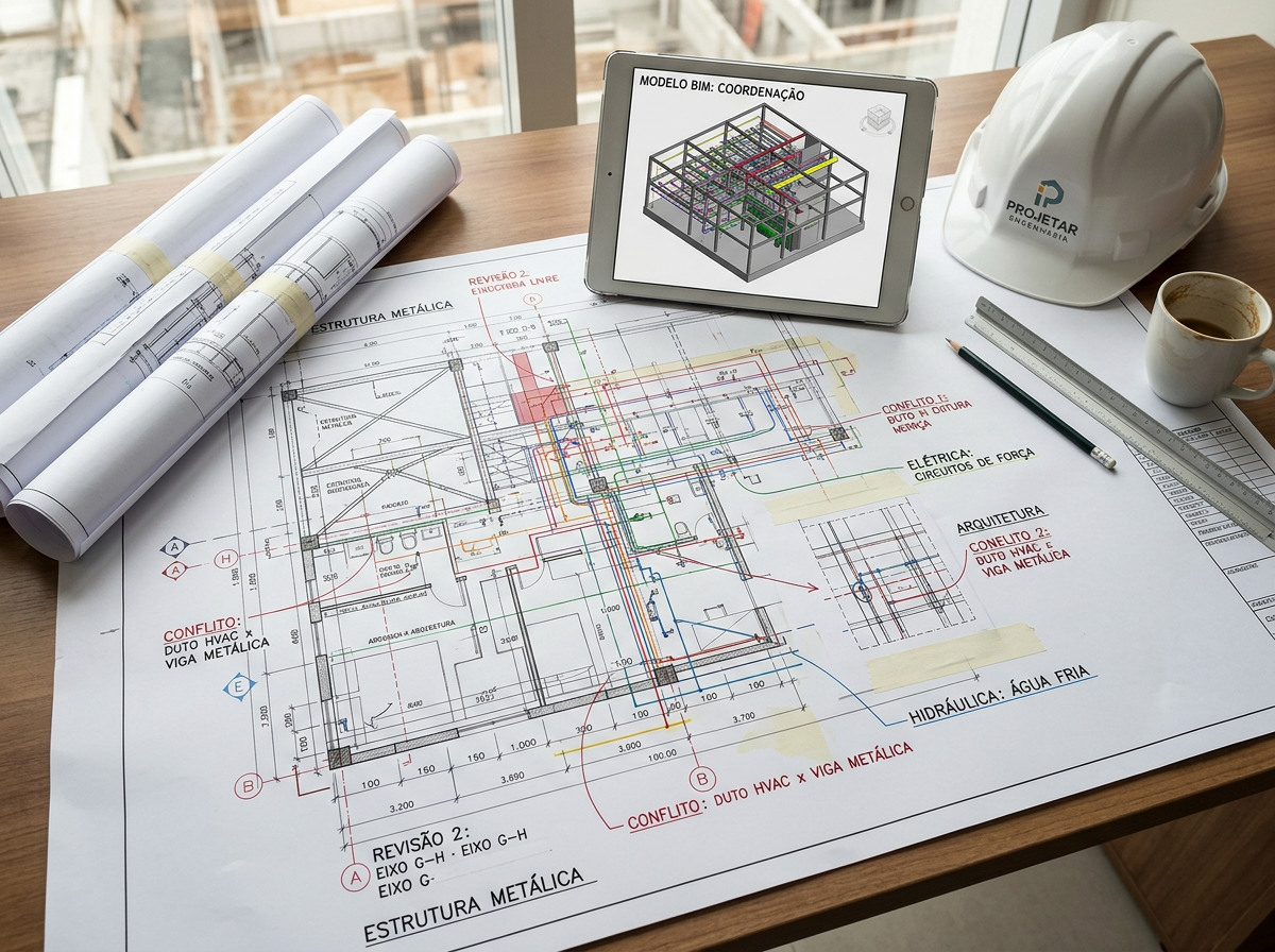 Planta baixa e modelo 3D de compatibilização de projetos sobre uma mesa