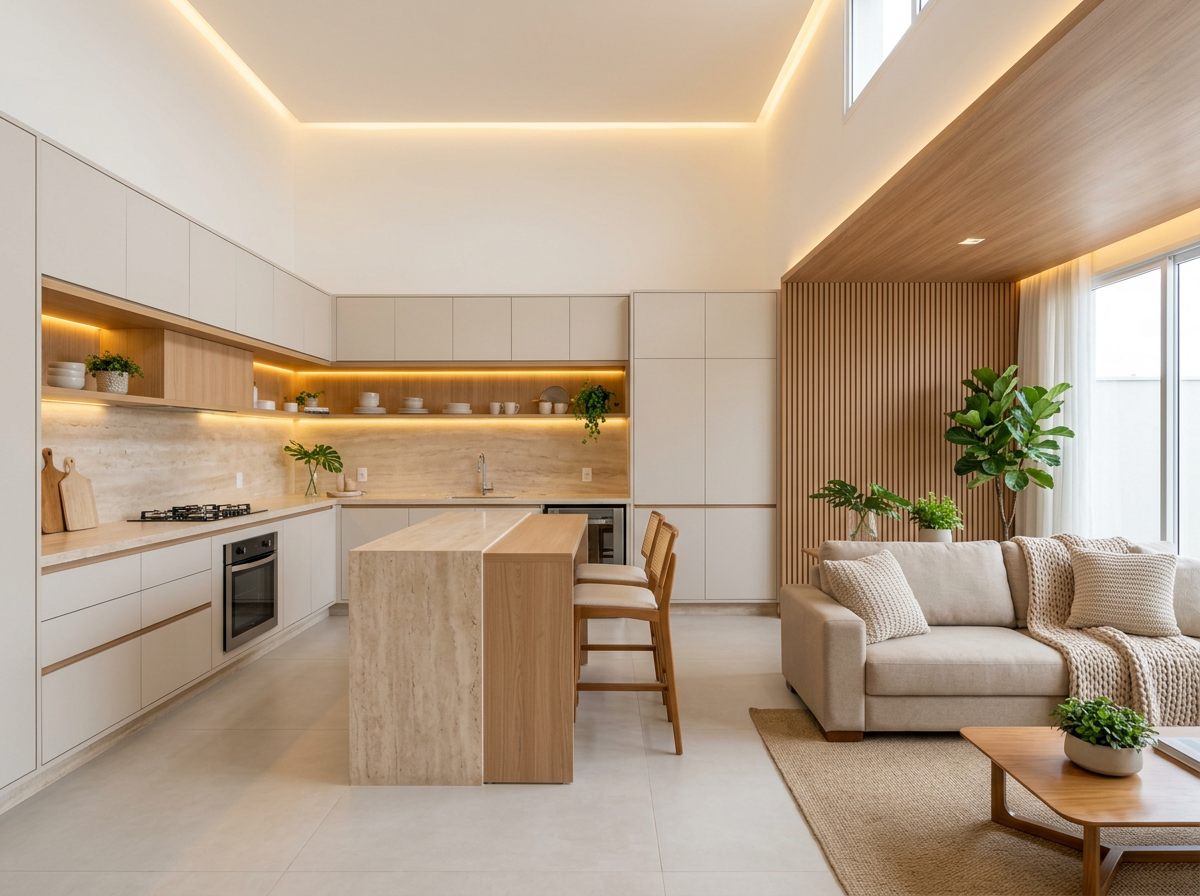 Sala integrada com cozinha depois da reforma, com MDF claro, travertino e iluminação indireta em LED